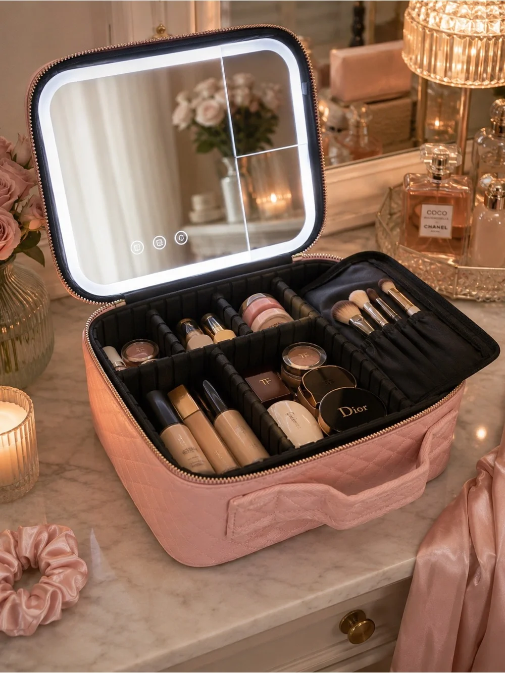 Pink LED Makeup Case Travel Cosmetic Organizer w Mirror Train Case Storage